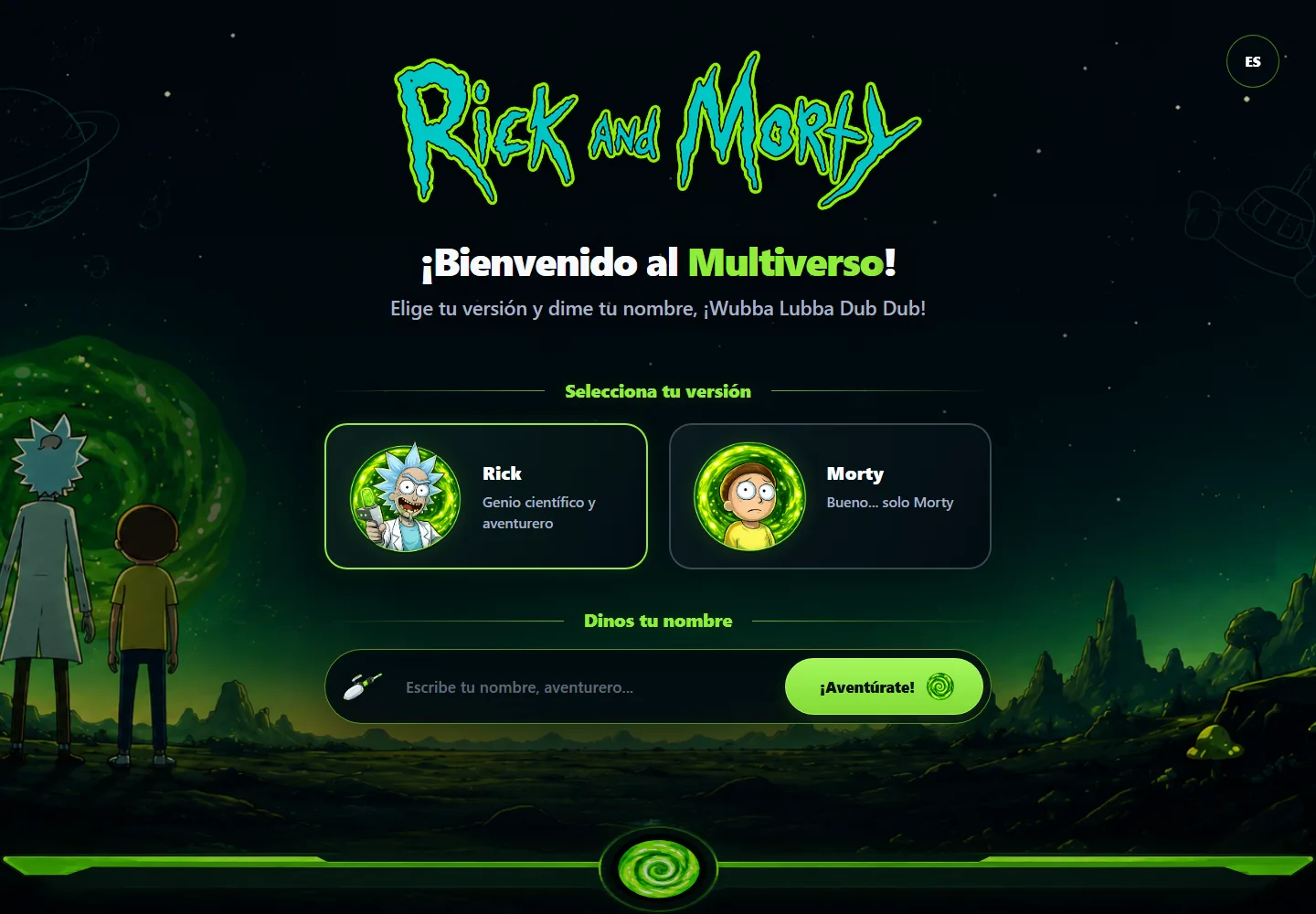 Pantalla de bienvenida de Rick and Morty App con selección de Rick o Morty e ingreso de nombre