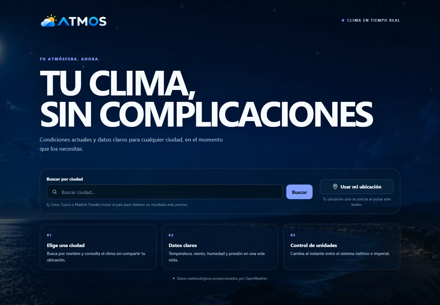 Pantalla inicial de ATMOS con búsqueda por ciudad y acceso a la ubicación actual