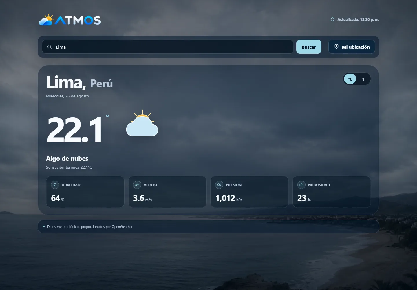 Vista de resultados de ATMOS con temperatura y métricas meteorológicas de Lima